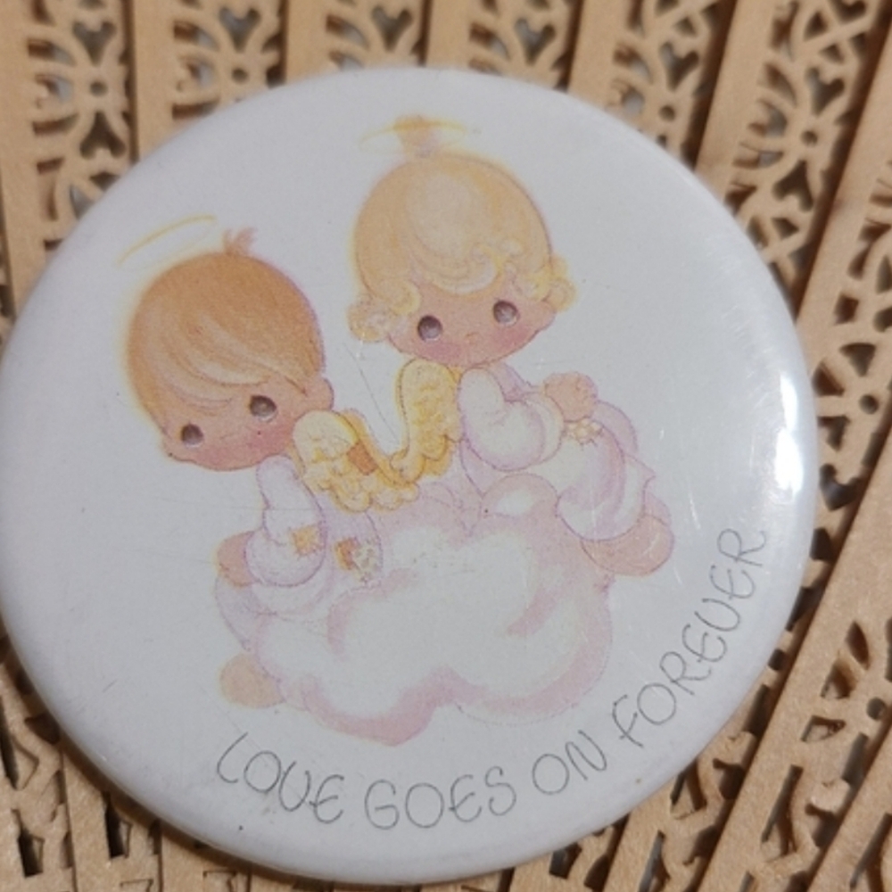 Angel Button Pin with Sentiment Love Goes On Forever Vintage Button For Sale